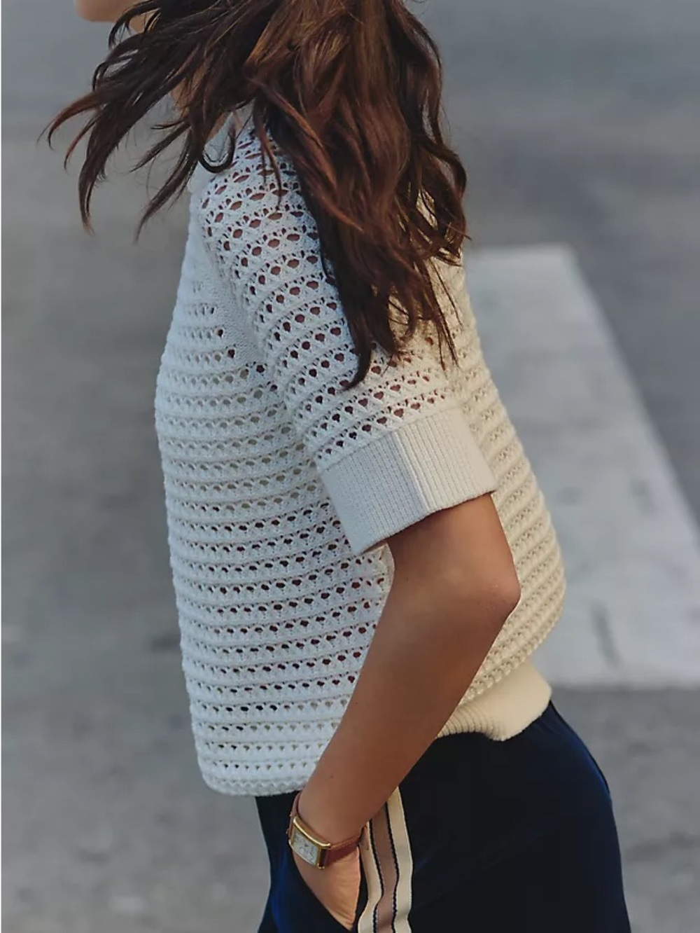 Varley Vine Knit Sweater Small White 100% Cotton Open Mesh Short Sleeve Top Crew